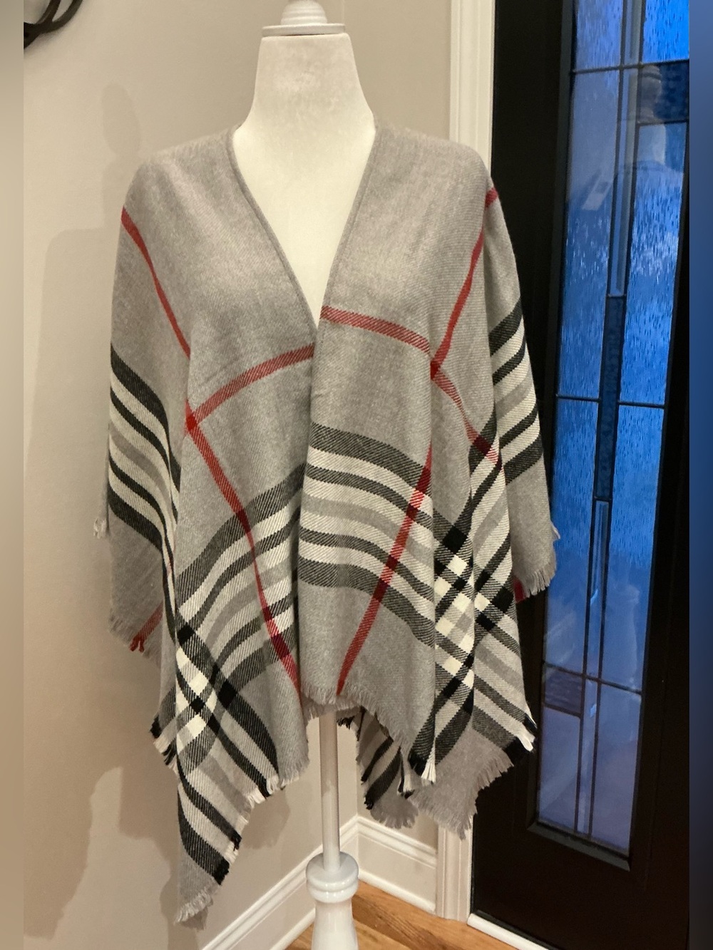 V. FRAAS Gray Plaid Ruana Wrap / Cape with Red and Black Stripes NWT One Size